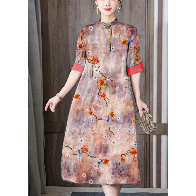 Orange Silk Long Dress Mandarin Collar Zippered Short Sleeve