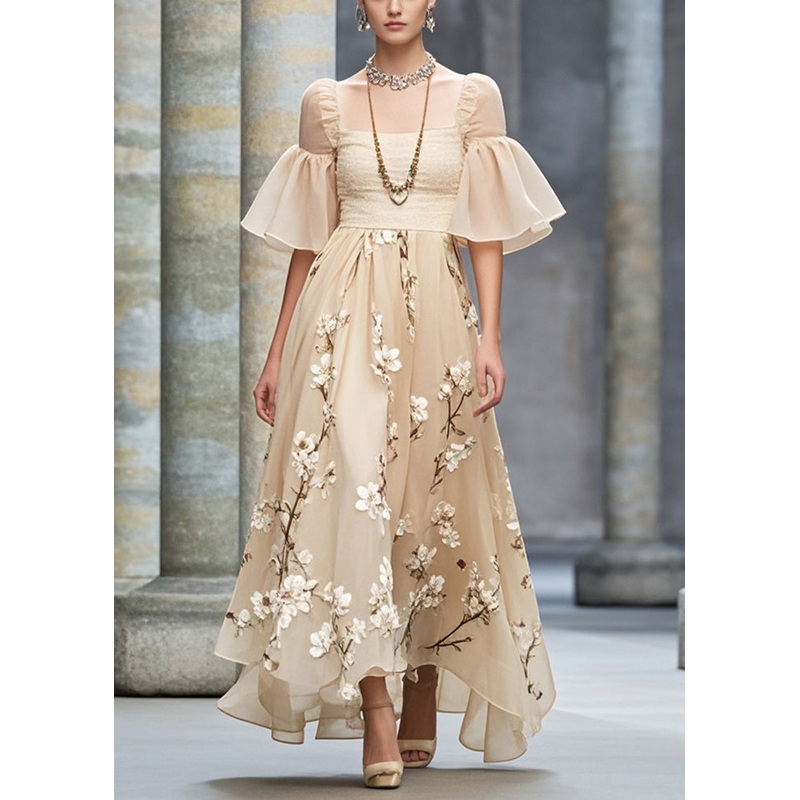 Original Design Plum Blossom Print Chiffon Holiday Dress Flare Sleeve