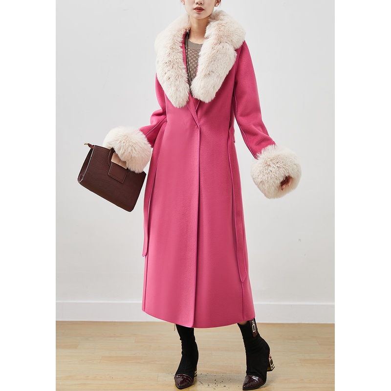 Pink Silm Fit Woolen Coat Outwear Fur Collar Tie Waist  Fall
