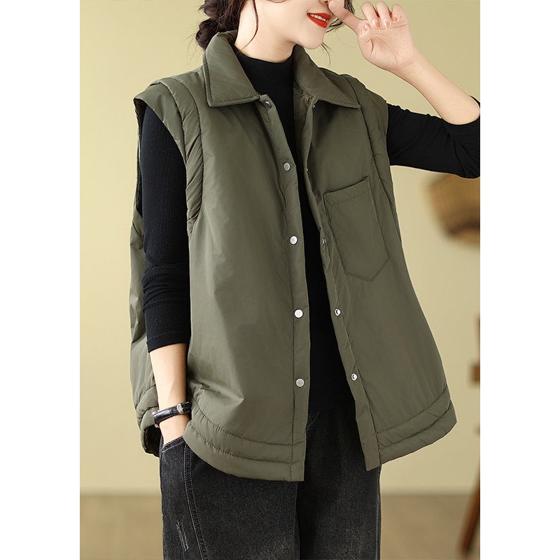 Plus Size Army Green Peter Pan Collar Fine Cotton Filled Vest Sleeveless