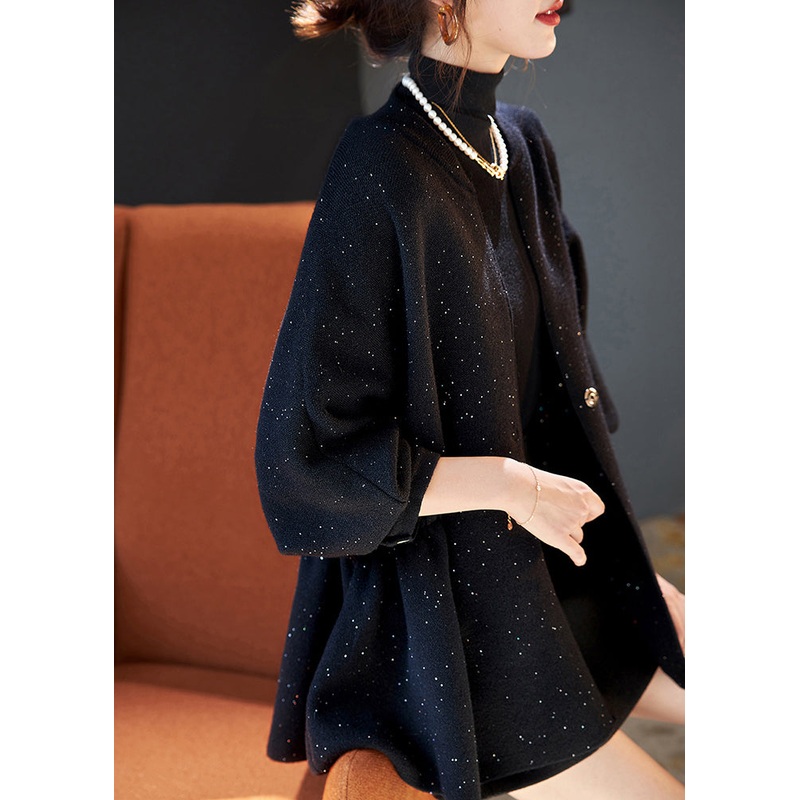 Plus Size Black Cinched Sequins Knit Loose Coat Winter