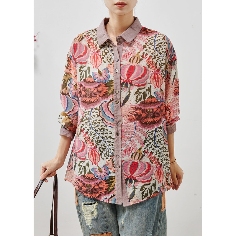 Purple Print Linen Shirt Tops Oversized Summer