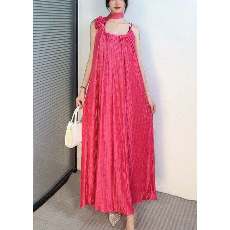 Red Floral Silk Spaghetti Strap Long Dress Cold Shoulder Summer