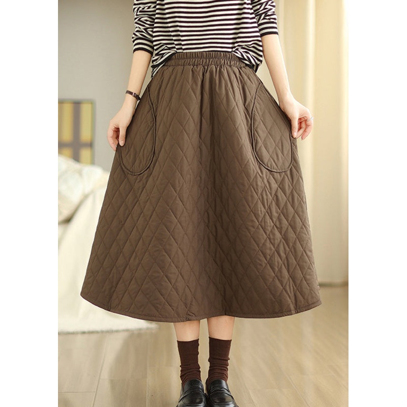 Retro Coffee Pockets Elastic Waist Fine Cotton Filled Skirt Winter