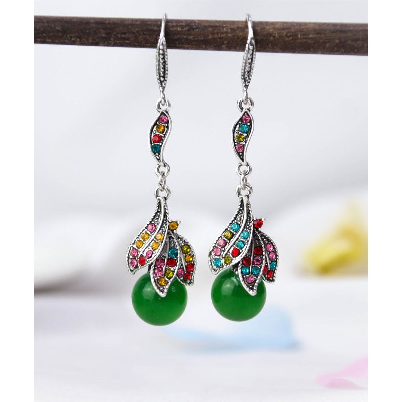 Retro Green Copper Alloy Zircon Cat’s Eye Stone Tassel Drop Earrings