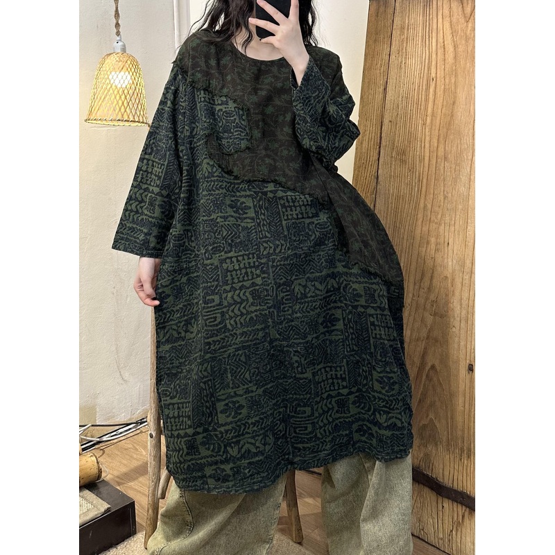 Retro Green Patchwork Print Long Dress Long Sleeve