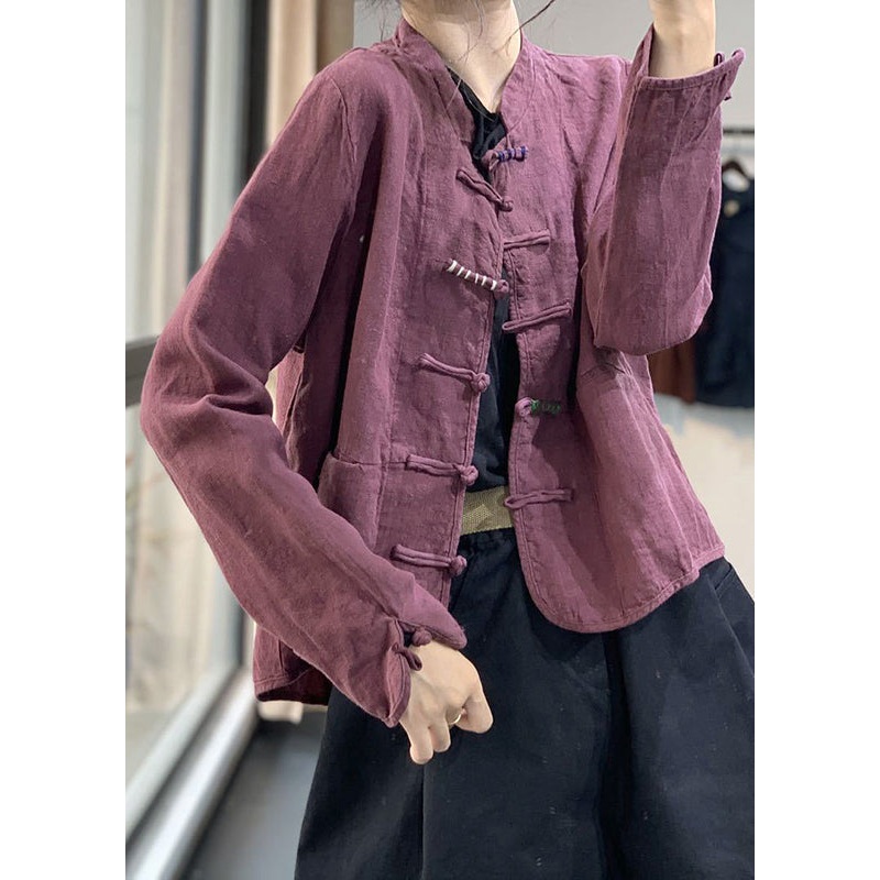 Retro Purple Chinese Button Pockets Linen Coat Fall