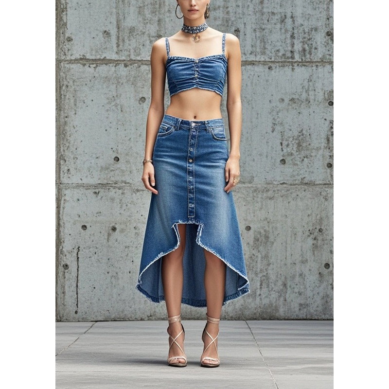 Silm Fit Blue Asymmetrical Design Denim Skirts Fall