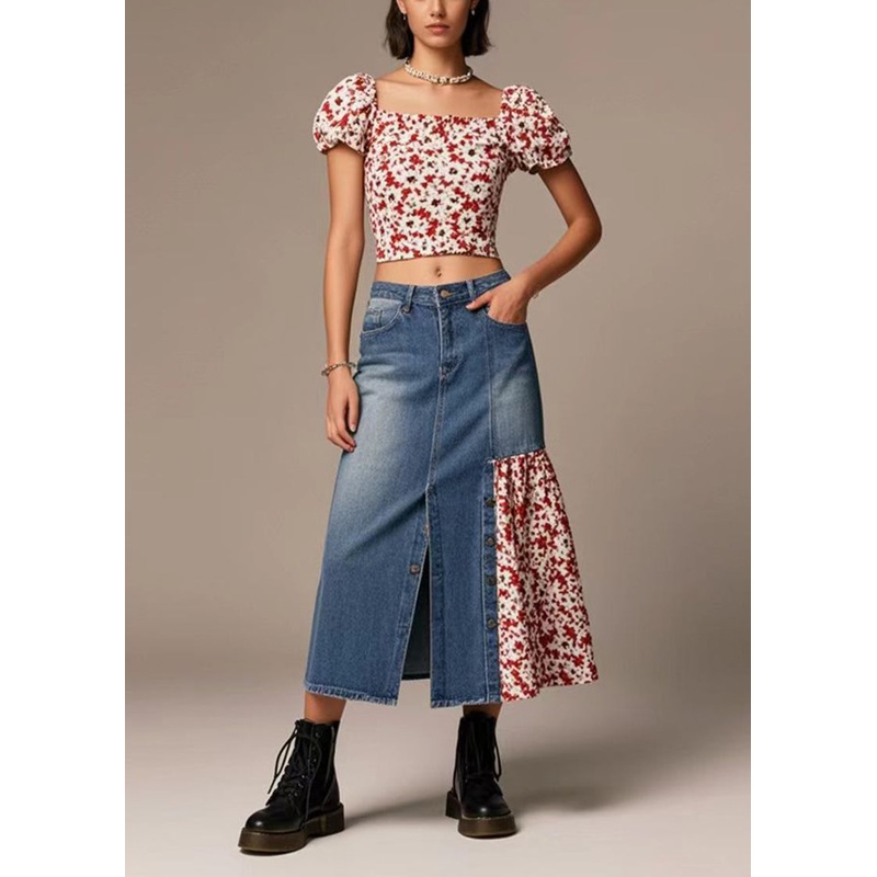 Silm Fit Navy Side Open Patchwork Denim Skirts Spring
