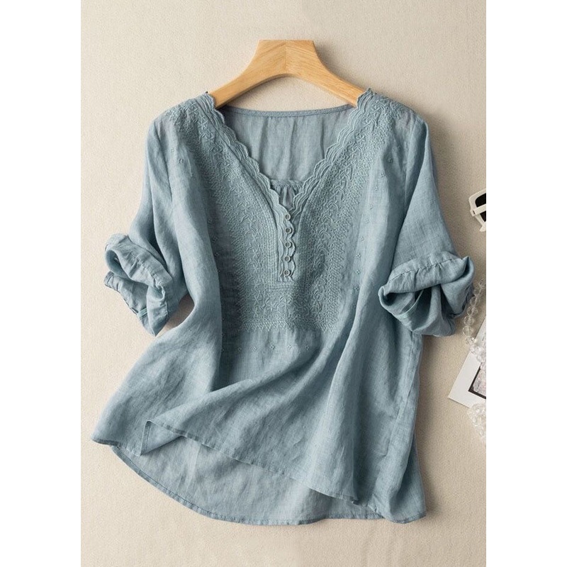 Simple Blue V Neck Solid Linen Shirts Half Sleeve