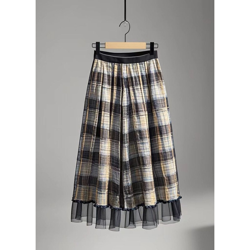 Simple Brown Plaid Patchwork Tulle Skirt Summer
