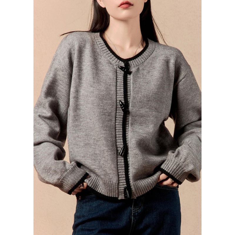 Simple Grey O Neck Button Cozy Knit Coats Winter