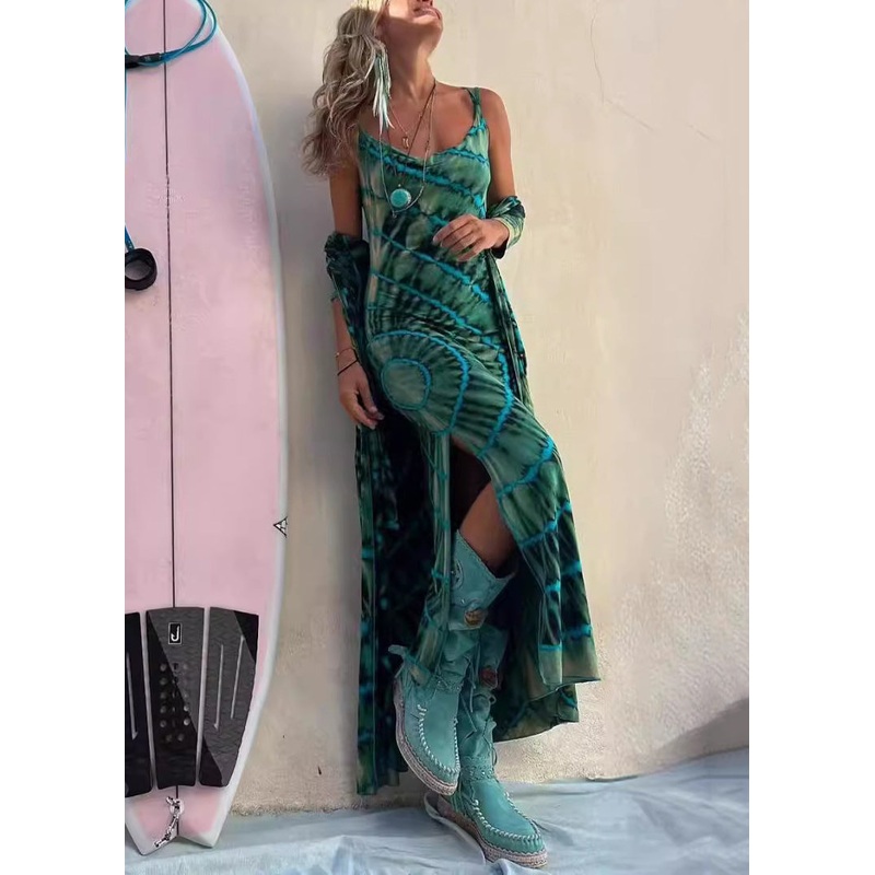 Slim Fit Green Print Side Open Cotton Spaghetti Strap Dress Sleeveless