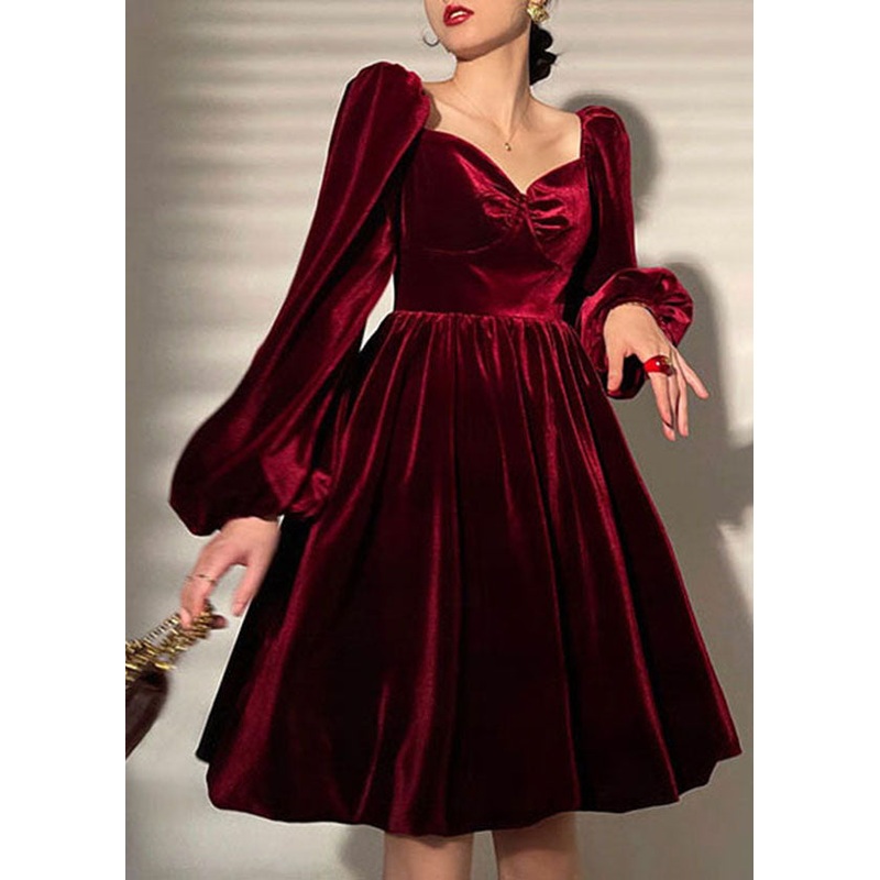 Solid Mulberry Velour Vestidos Party Dress V Neck Lantern Sleeve