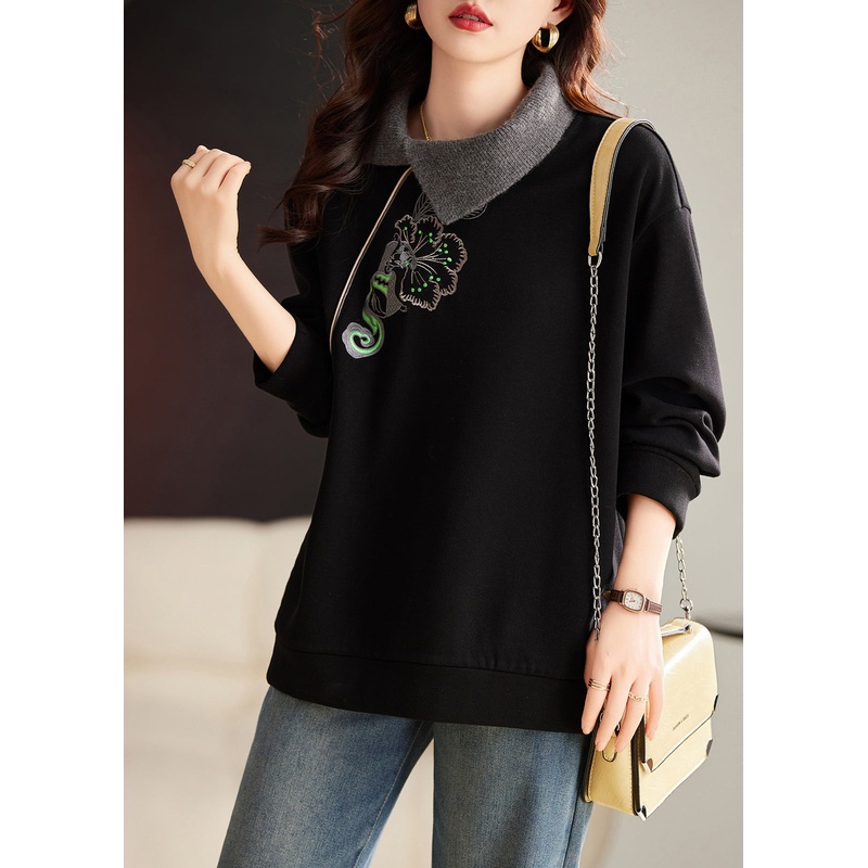 Style Black Embroideried Warm Fleece Tops Spring