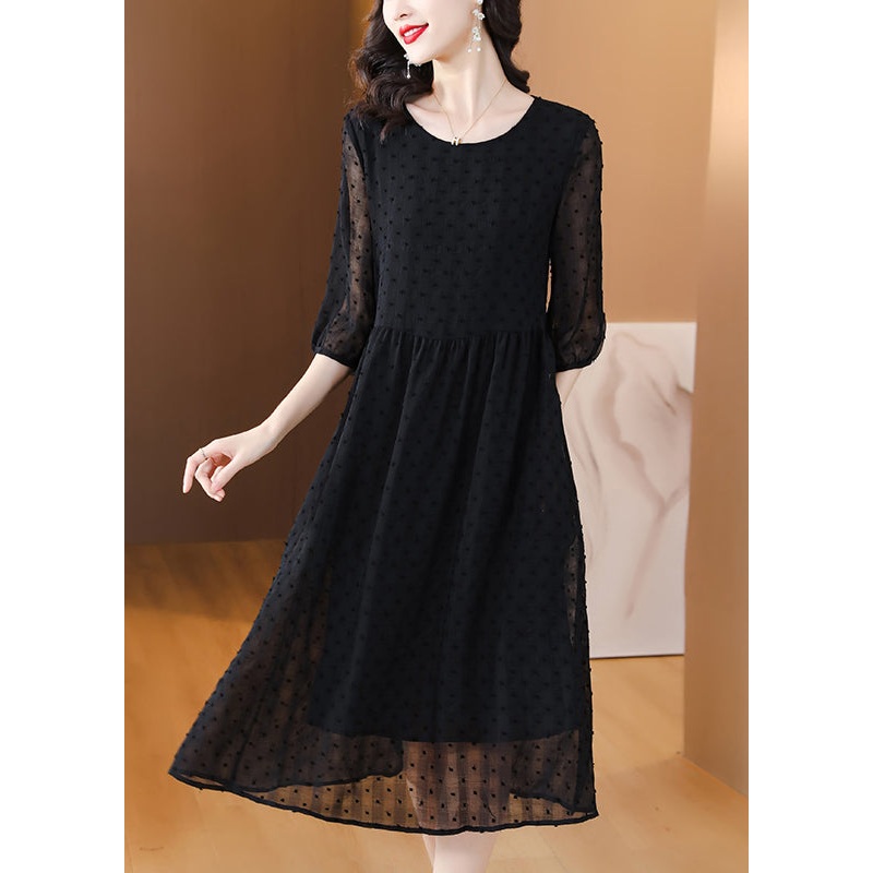 Style Black O Neck Jacquard Chiffon Long Dresses Lantern Sleeve