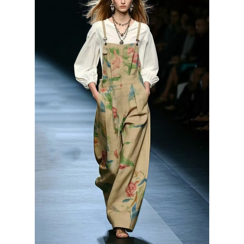 Style Khaki Oversized Print Cotton Jumpsuit Summer