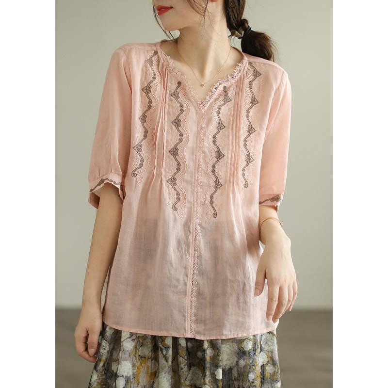 Style Pink V Neck Lace Patchwork Linen Top Summer