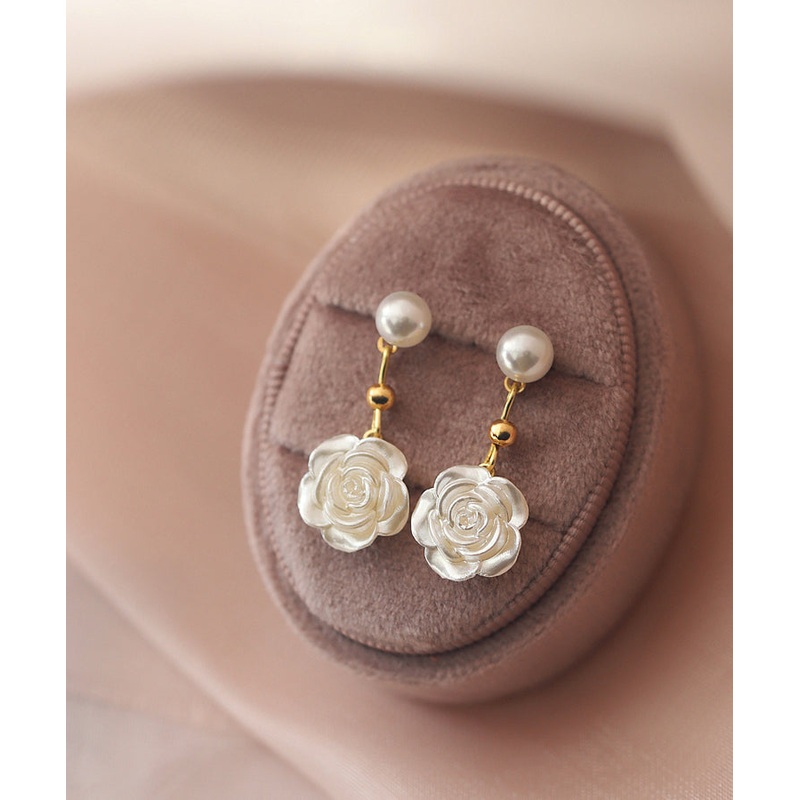 Style White Alloy Pearl Floral Drop Earrings