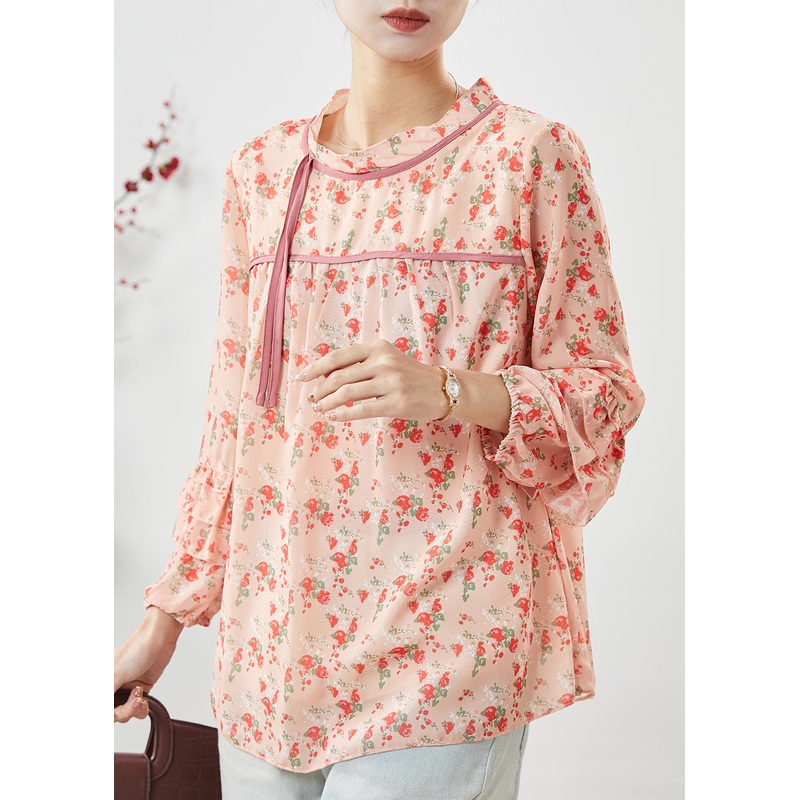 Stylish Orange Print Chiffon Blouse Top Spring