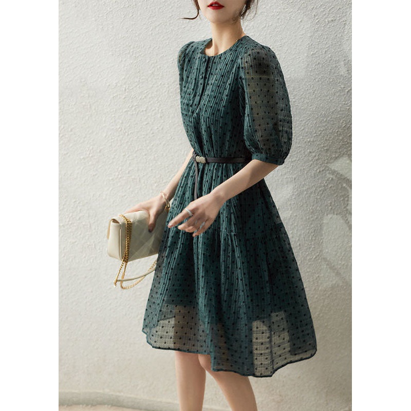 Unique Green O Neck Patchwork Dot Chiffon Mid Dresses Summer