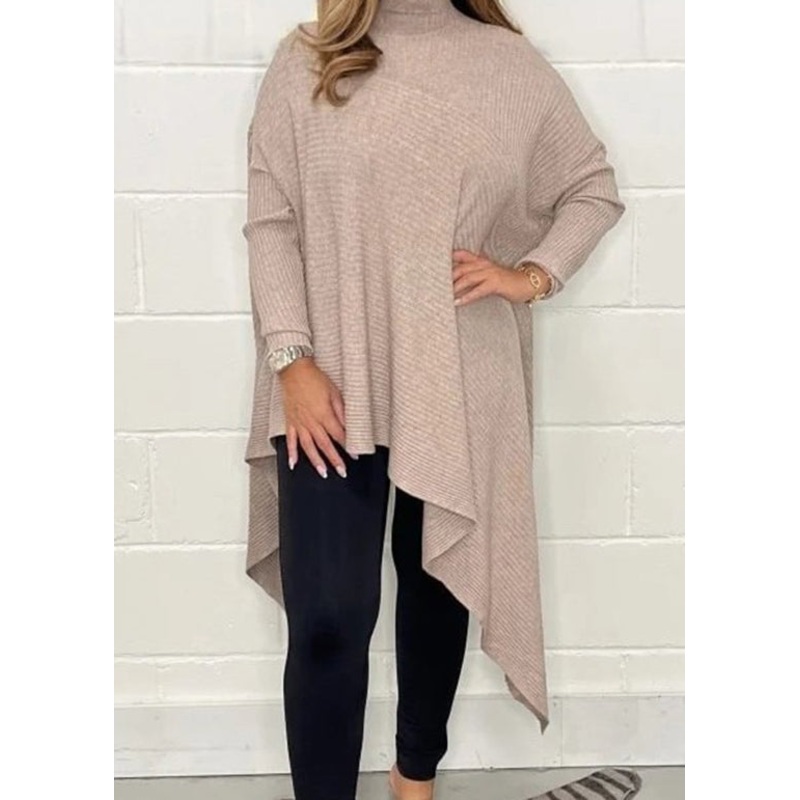Unique Khaki Hign Neck Asymmetrical Knit Top Fall