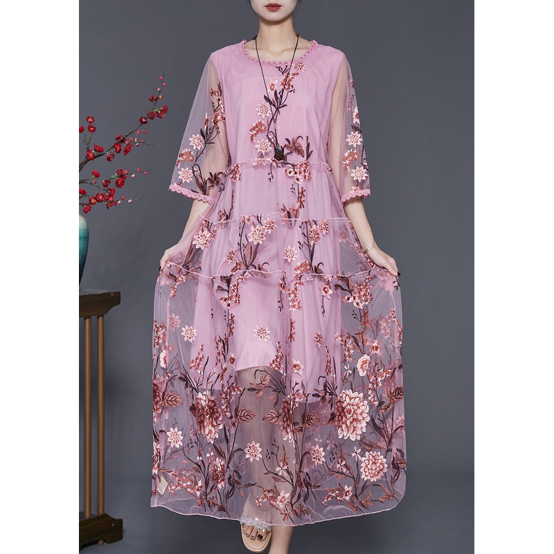 Unique Pink Embroidered Ruffled Tulle Holiday Dress Summer