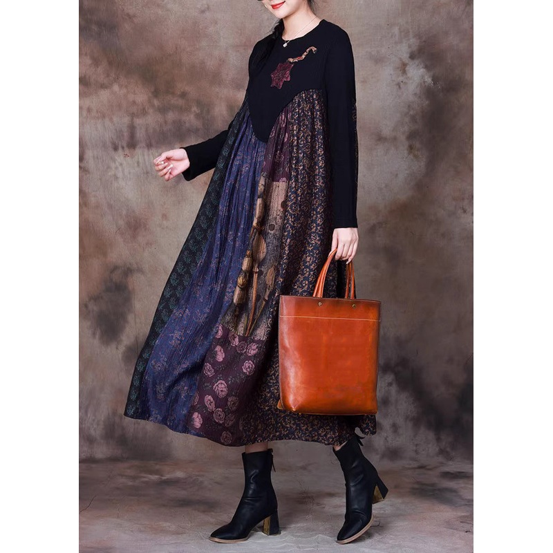 Vintage Blue Print Knit Patchwork Long Dress Winter