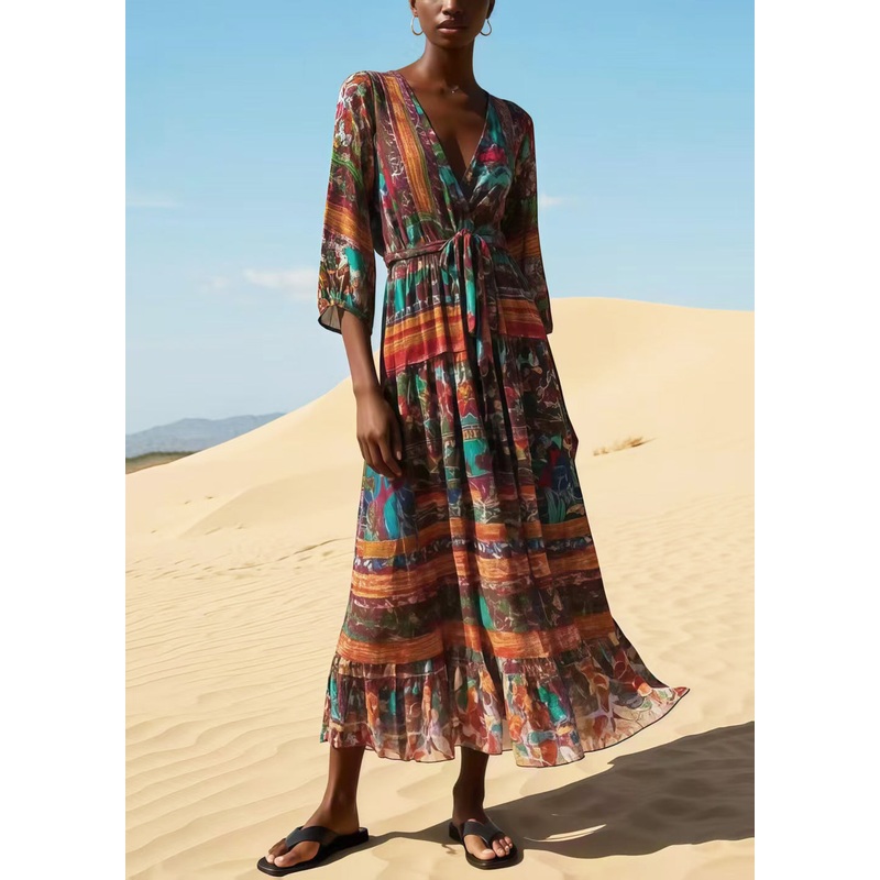 Vintage Chocolate Tie Waist Print Chiffon Dress Bracelet Sleeve