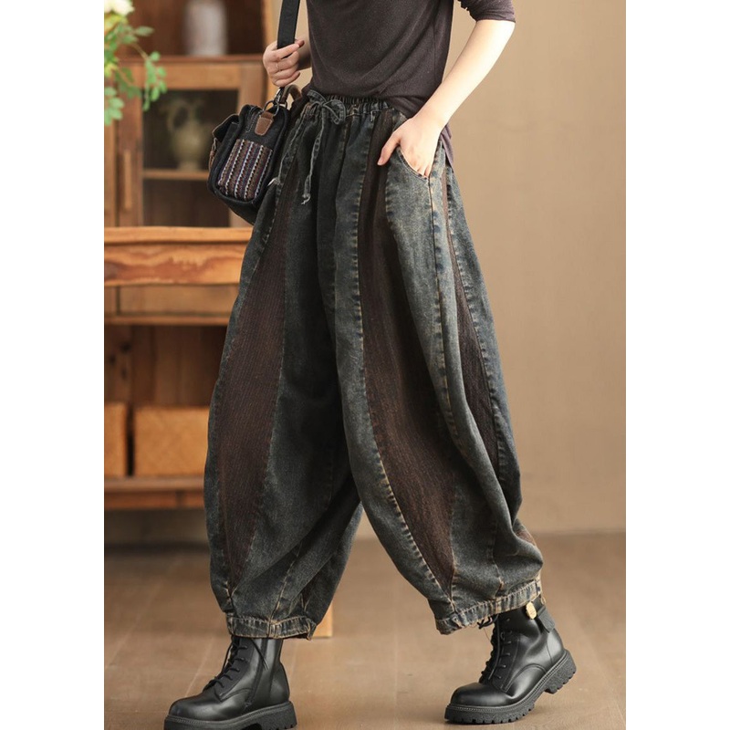 Vintage Old Blue Pockets Elastic Waist Crop Pants Spring