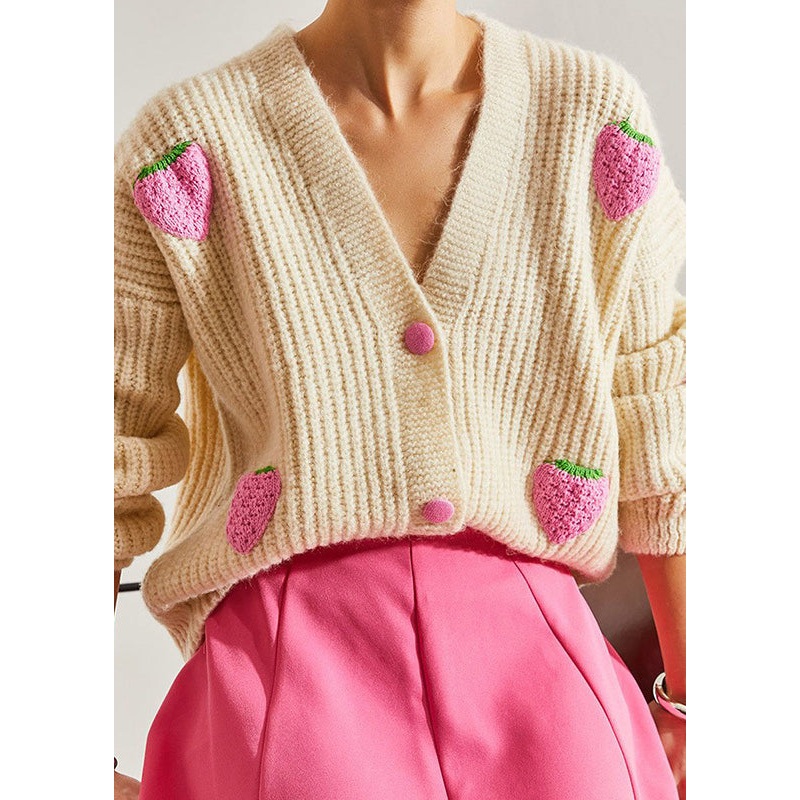 Women Beige V Neck Hook Flower Knit Cardigan Fall