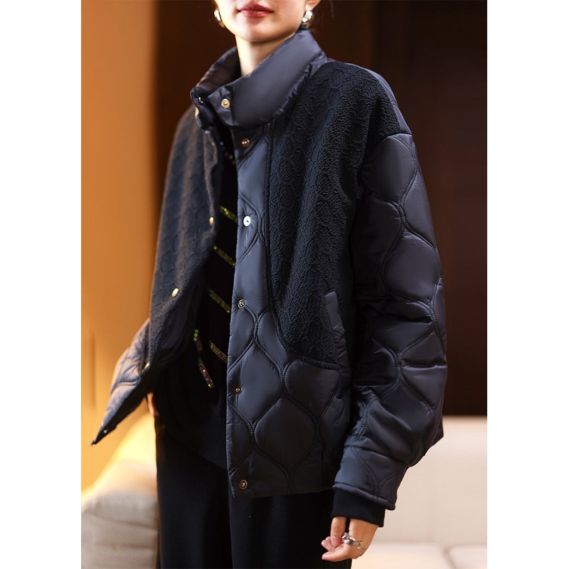 Women Black Button Pockets Cotton Filled Parka Long Sleeve