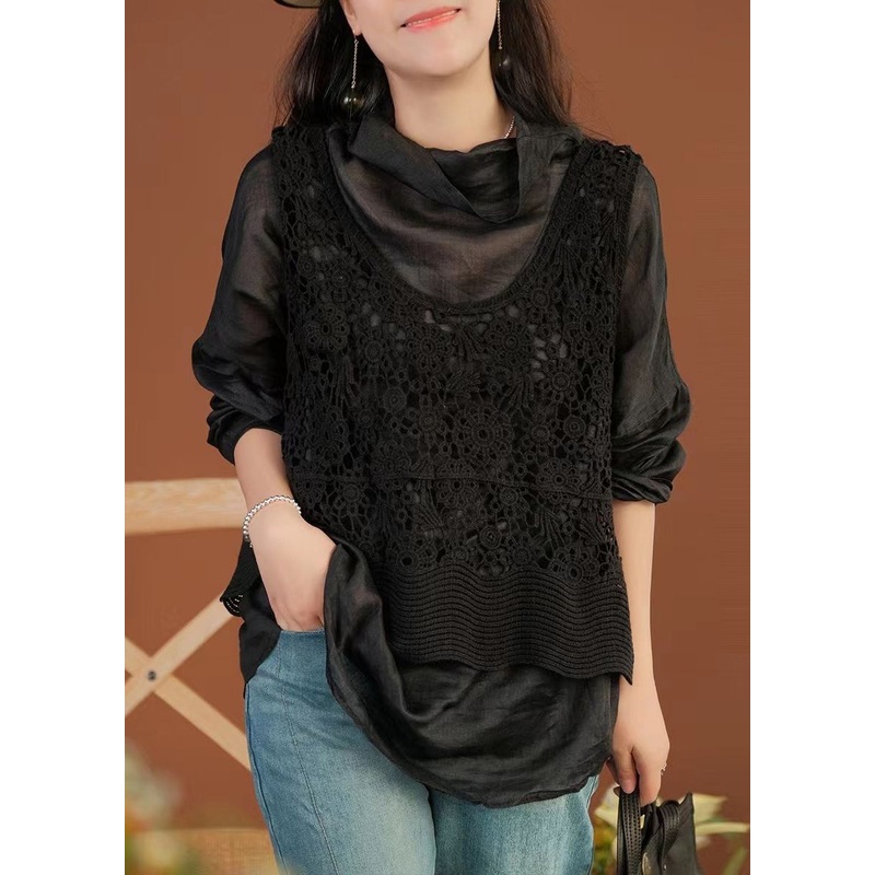 Women Black V Neck Hollow Out Knit Waistcoat Sleeveless