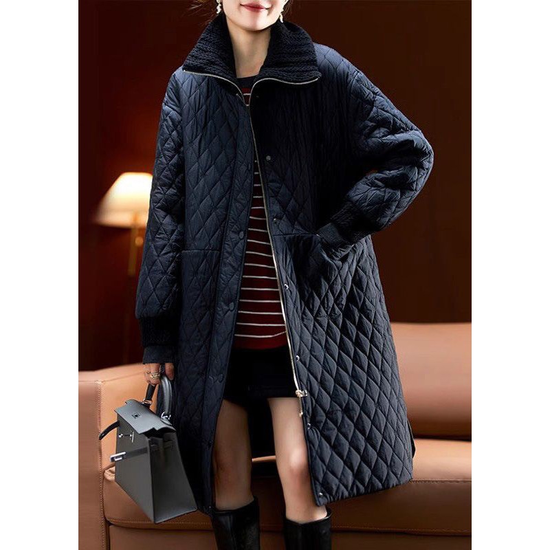 Women Black Zip Up Pockets Cotton Filled Coats Long Sleeve