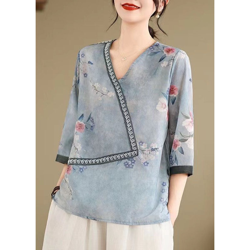 Women Blue V Neck Print Patchwork Cotton Tops Summer