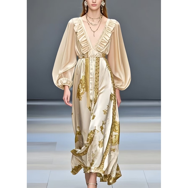 Women Champagne Ruffled Print Silk Dress Summer