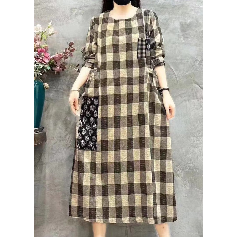 Women Light Plaid O-Neck Pockets Print Patchwork Maxi Dress Long Sleeve