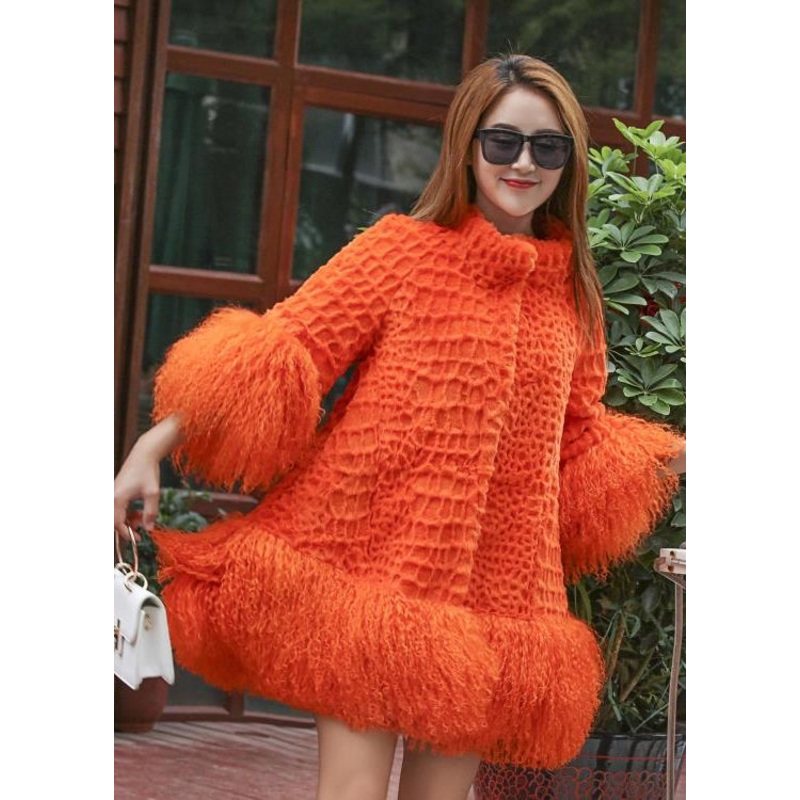 Women Orange Fluffy Patchwork Wool Coat Winter