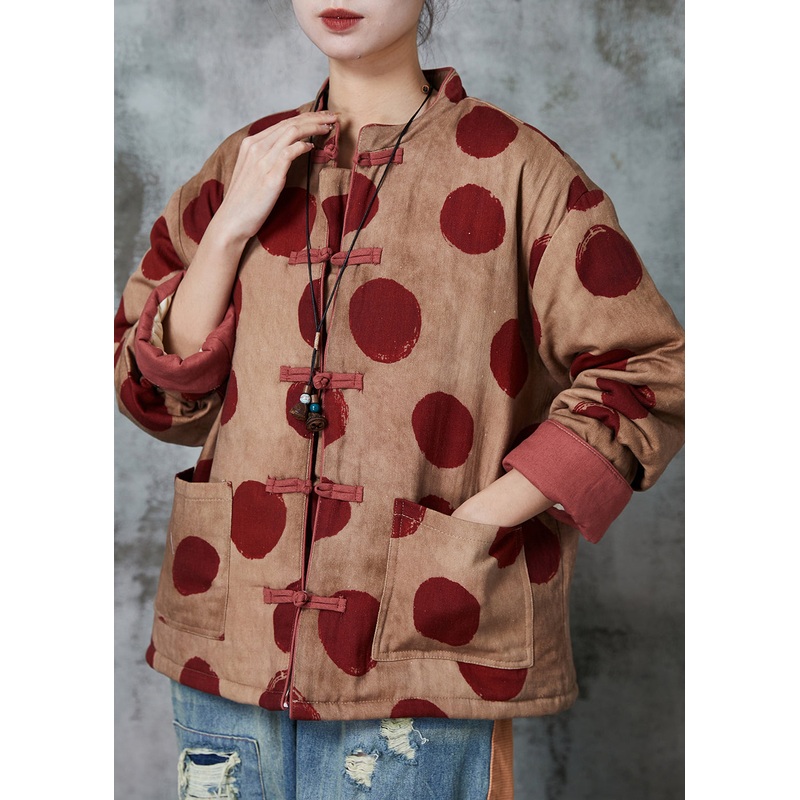 Women Orange Print Chinese Button Fine Cotton Filled Coat Winter