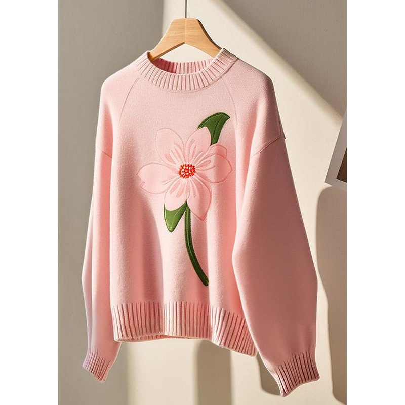 Women Pink O Neck Cozy Knit Sweater Fall