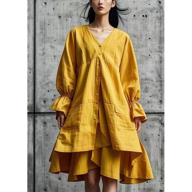 Women Yellow Asymmetrical Design Cotton Shirt Dresses Fall