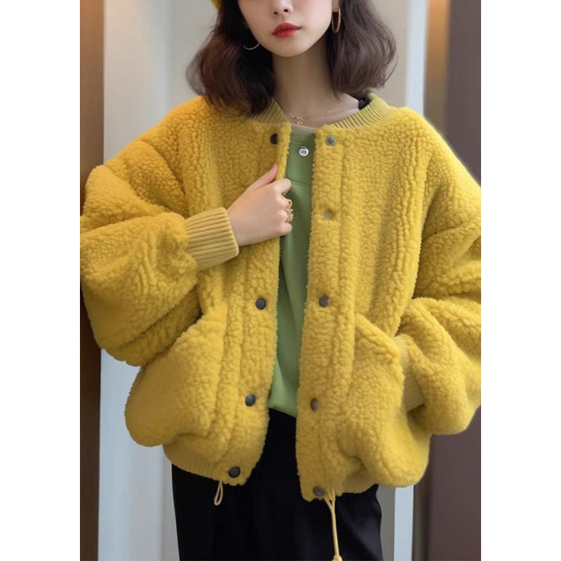 Women Yellow Button Pockets Teddy Faux Fur Coat Spring