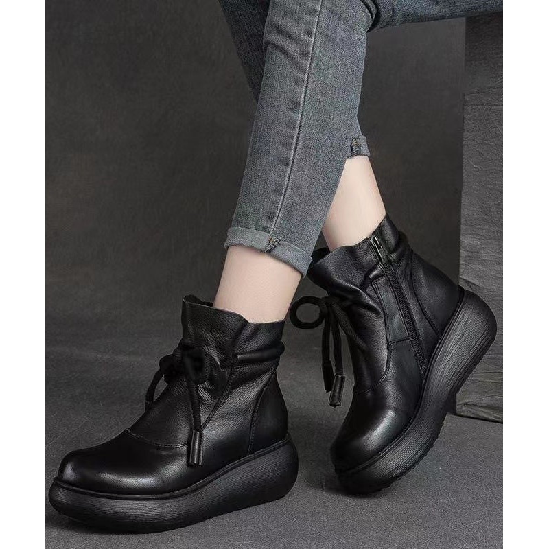 2024 Lace Up Zippered Splicing Platform Boots Black Cowhide Leather