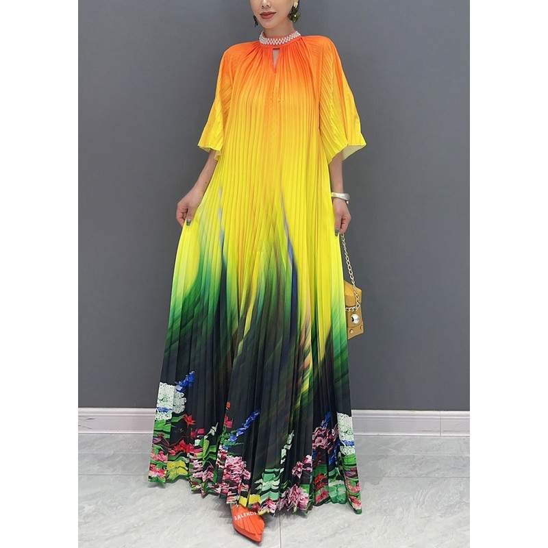 2024 Summer Fashion Orange Yellow Color Blocked Long Pleated Dress