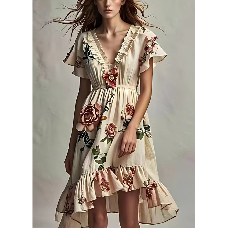 Art Beige Ruffled Print Cotton Dresses Short Sleeve