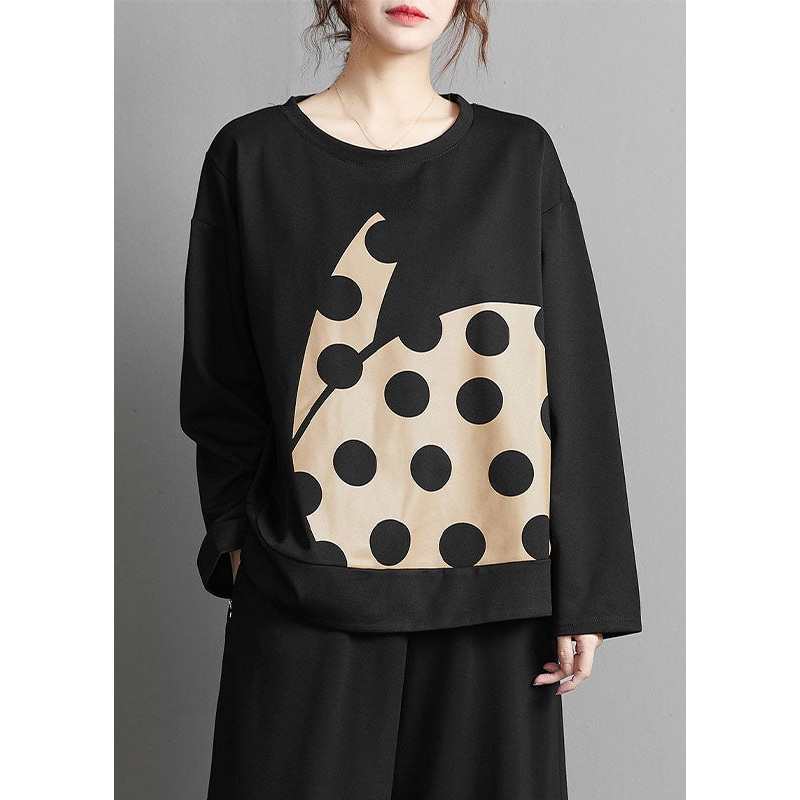 Art Black O-Neck Dot Print Patchwork T Shirt Fall