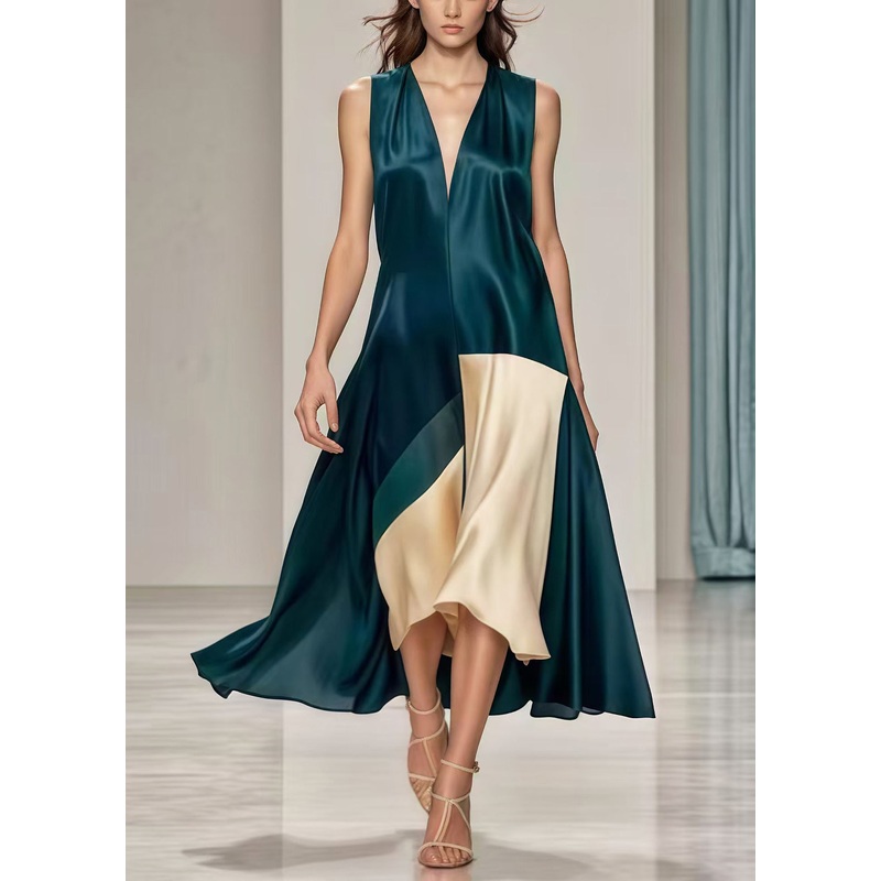 Art Blackish Green V Neck Patchwork Draping Silk Dress Summer