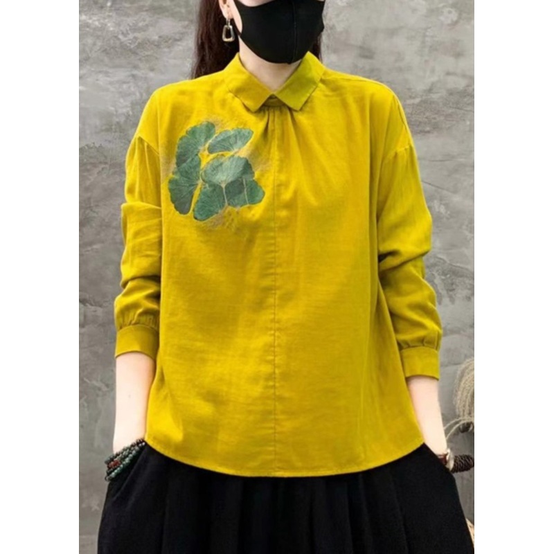Art Yellow Peter Pan Collar Print Linen Blouses Fall