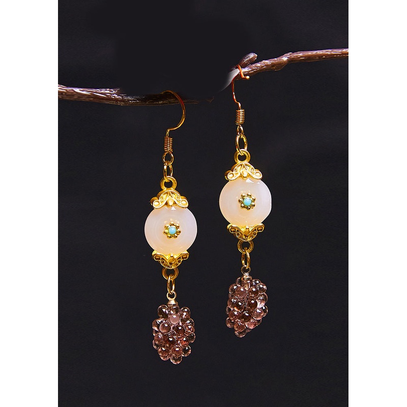 Beautiful Grapes Fine White Jade Drop Earrings