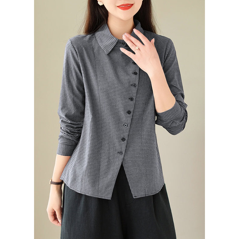 Beautiful Grey Peter Pan Collar Plaid Cotton Shirts Top Spring